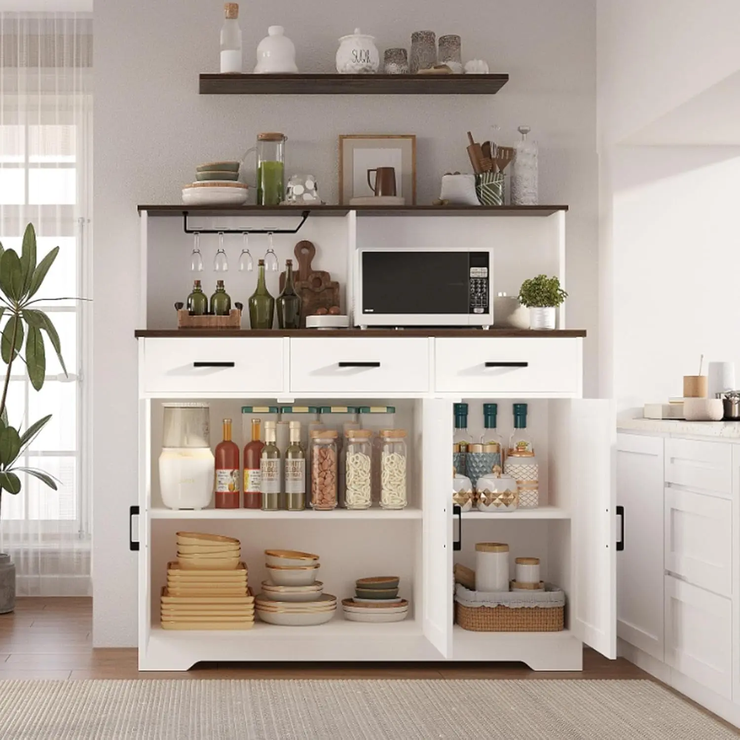 Gaomon Modern White Microwave Stand Cabinet - 3-Drawer Double-Sided Kitchen Storage Unit with Doors, Home Organizer Rack for Kitchen Supplies, Three Drawers
