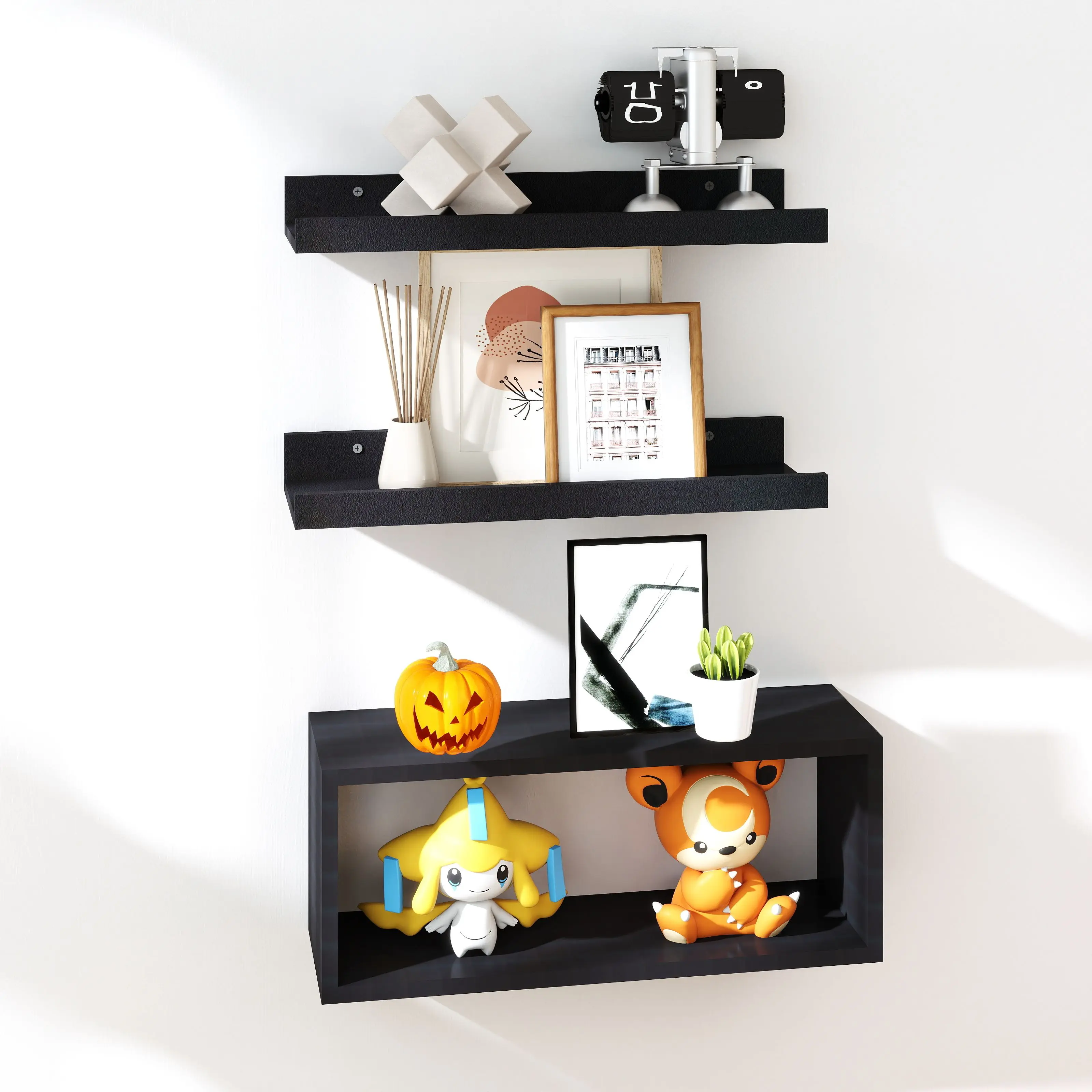 3-Unit Modern Black Chic Oak Wood Wall-Mounted Floating Shelf Set - Easy-to-Use Indoor Storage Furniture, Space Organized and Stylish Organizer for Home Office, Organizing Items Neatly