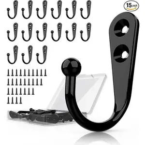 PRIGVOT 15 Pcs Black Wall Mounted Coat Hooks, Hanger Hook with 30 Pieces Screws for Towel, Key, Robe, Scarf, Bag, Cap, Coffee Cup, Mugs