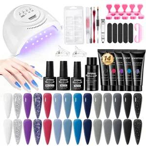 JEWHITENY 14 Colors Poly Nail Gel Kit All-in-one Kit Poly Nail Gel Kit with Nail Lamp Builder Nail Gel Nail Strengthen DIY at Home Beauty Gifts Matte and Glossy Top Coat