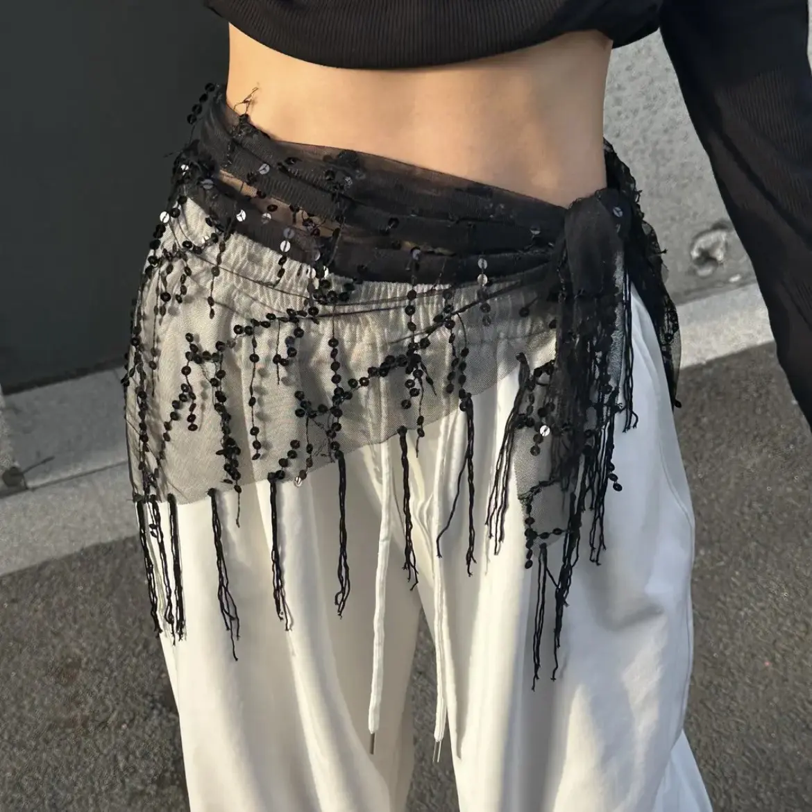 New trendy jazz dance hip scarf, street dance waist chain, hip scarf accessory, sequined triangle scarf, tassel belt, versatile waist scarf