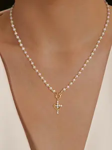 Pearl Beaded Crown Cross Necklace for Women, Elegant Beaded Necklace, 4mm Pearls & 3mm Beads, Dainty Layered Style, Perfect Easter Gift, Fashion Necklace