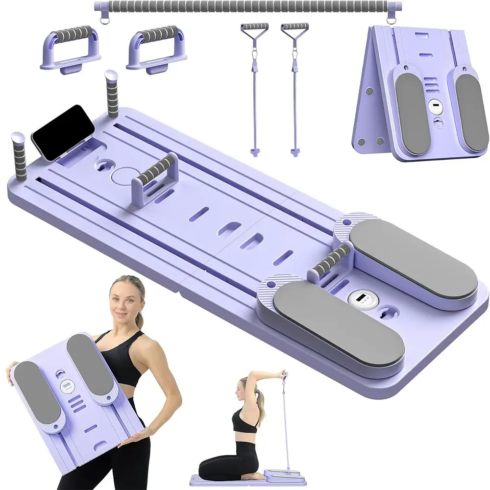 6-in-1 Adjustable Pilates Reformer Board - Compact Fold-Up At-Home Workout Equipment for Women, Core Training, Stretching, Multiple Positions, Foldable Portability, Includes Accessories
