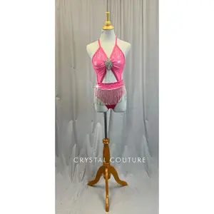 Custom Pink and Silver Mesh Cut Out Stappy Set -Rhinestones, Brooch, Beaded Fringe, Hairpiece