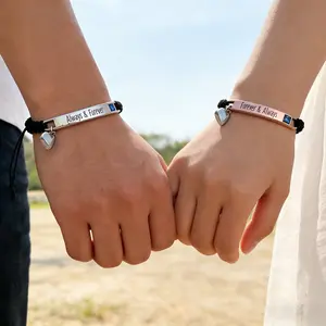 2pcs Magnetic Connection Couple Bracelets, Adjustable Braided Rope with "Forever & Always" Engraving Gift Set
