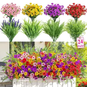 24pcs Artificial Decorative Flowers Fake Flowers Outdoor Spring Decor, UV Resistant Eucalyptus Violet Lavender Silk Plants, Indoor Outdoor Garden Patio Decoration