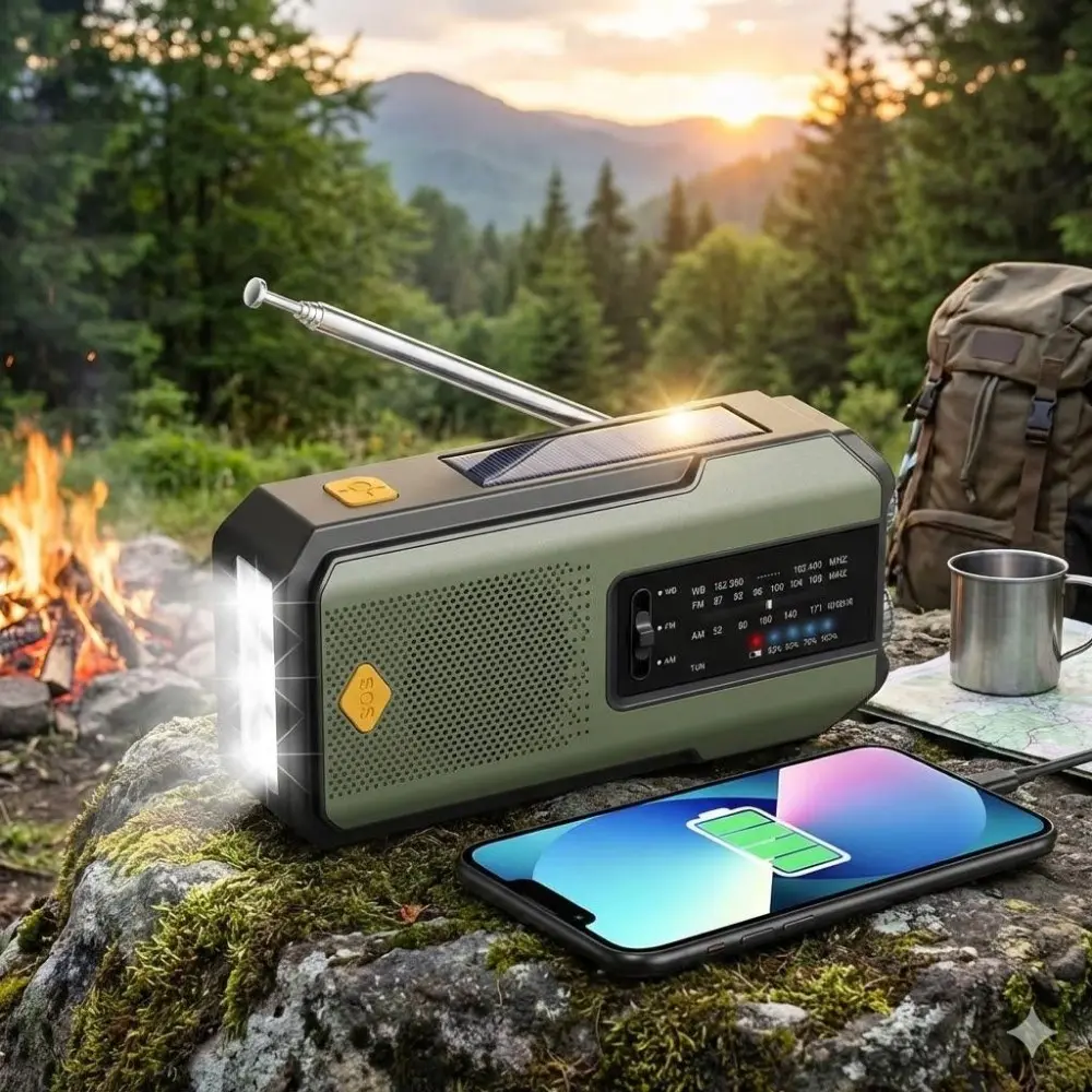 Solar Crank Emergency Radio AM FM NOAA Weather Alert with 2000mAh Power Bank, SOS Flashlight, Type-C Charging. Portable Survival Gear for Outdoor & Home Emergency Preparedness Kit.