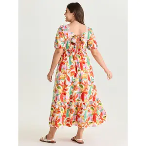 BLOOMCHIC Plus Size Bright Floral Print Ruched Bodice Midi Dress [M-6X]2026 Summer Vibes Swimweek