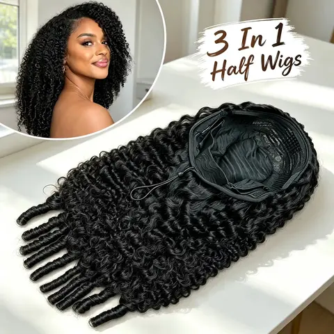 CORIIANA 250% Burmese Curly Flip Over Half Wig Human Hair Affordable Glueless Wigs For Black Women Beginner Friendly Drawstring 200 Density