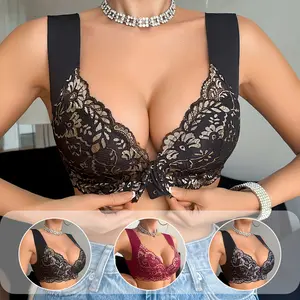 Women's Wireless Front-Closure Lace Contrast Color Tank-Style Bra with Push-Up and Anti-Sagging Features