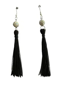 Black Fringe Dangling Earring with Rhinestone Beads Silver Plated for Pierced Ears Cowboy Hat Motif Fashion Accessory