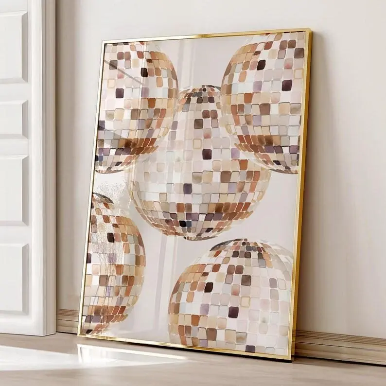 Beige Disco Ball Print Kitchen Print Living Room Wall Art Glitterball Funky 70s Aesthetic Print Mirrorball Poster Bedroom Print
