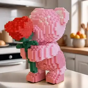 Rose Bear Building Blocks Toy 3000pcs Cute Bear DIY Model with Rose Flower Bricks Magnetic Block Kit Romantic Assembly Toy for Couples Parents Creative Gift STEM Building Blocks