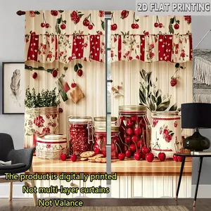 2Pcs Cherry and Kitchenware Printed Curtains - 100% Polyester, Filtered Light, Rod Bag Design, Easy to Hang, Suitable for Bedroom and Home Decor, Privacy and Style, Living Room Curtains