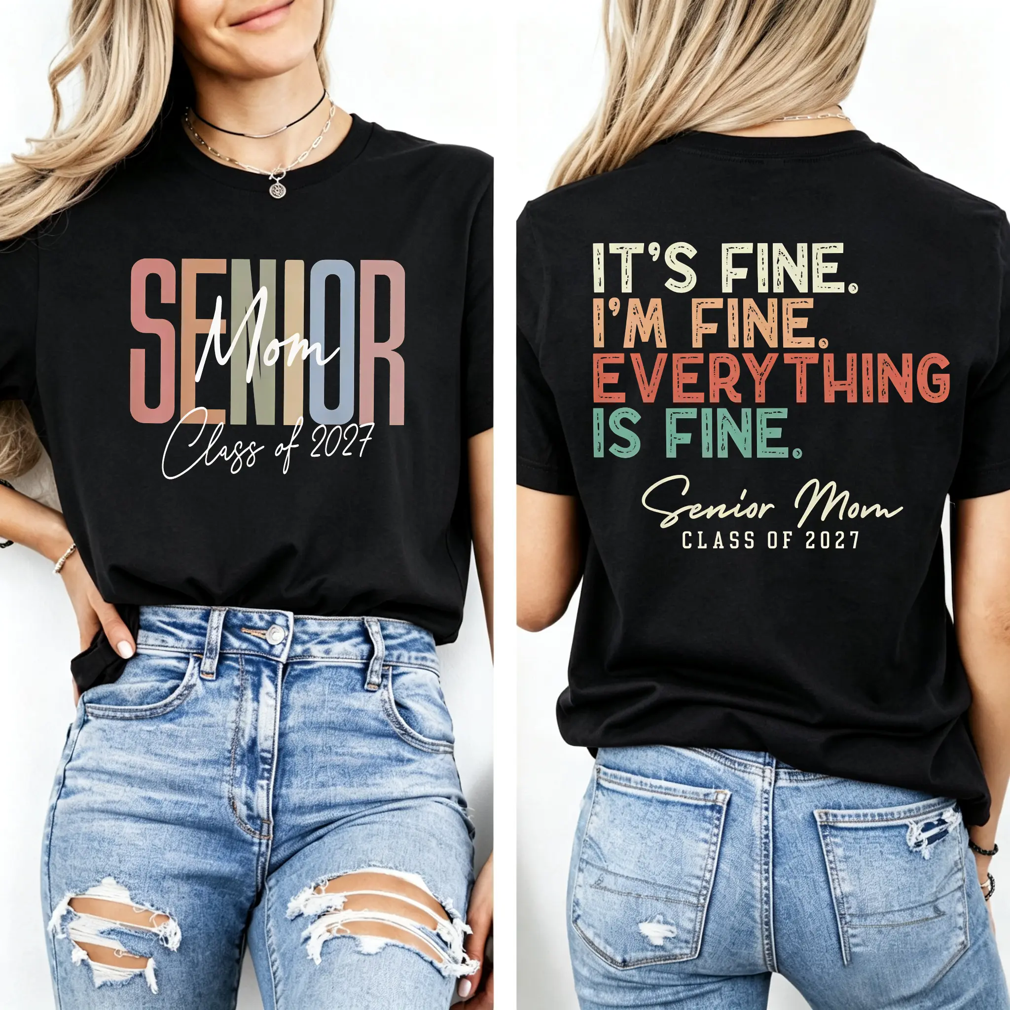 Senior Mom 2027 T-Shirt, Class of 2027 Mom Graphic Tee,t's Fine I'm Fine Everything Fine Senior Mom Class of 2027 T-Shirt, Graduation Gift for Mom, Funny 2027 Graduate Mama Shirt Graphic Tee Short Sleeve Crewneck Top ,Soft Cotton Tee