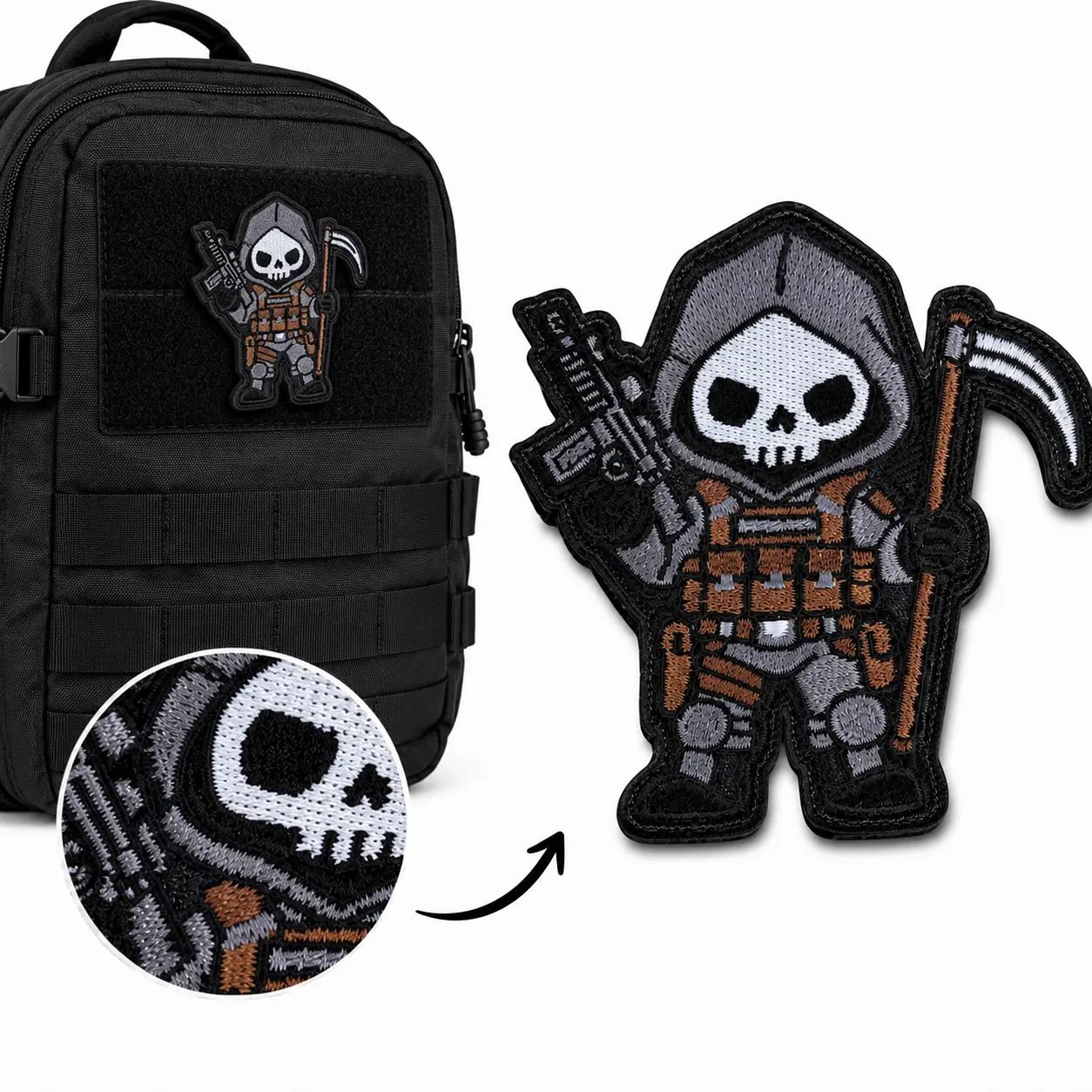 Skull Reaper Embroidery Patches, Hook-and-Loop Tactical Morale Patches for MOLLE Backpacks, Vests