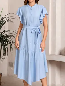 Women's Elegant Sky Blue Dress, Fitted Woven Fabric, Summer Fashion, Long Sleeve, Layered Hem Design, Belt Included, Womenswear