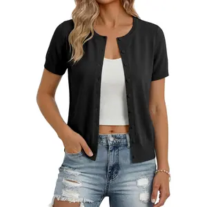 Women Short Sleeve Cardigan, Summer Knitted Sweater Tops, Basic Crew Neck Crop Outfits