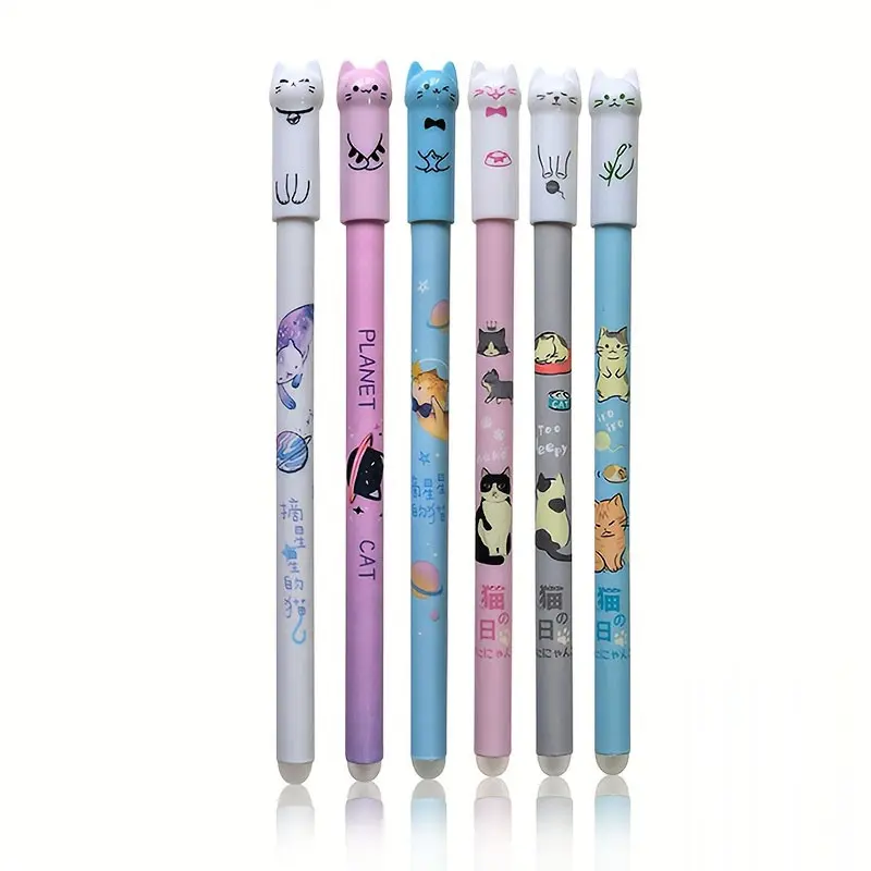 6pcs creative high-quality 0.5mm kitten pattern erasable neutral gel pen, washable handle, blue ink, very suitable for teachers' gifts, back to school office stationery
