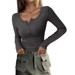 Women's Spring Fall Long Sleeve Henley T Shirts Button Ribbed Knit cardigan outfits Minimalist Knitted Sweater Basic Tops Knitting Army Green Casual Womenswear