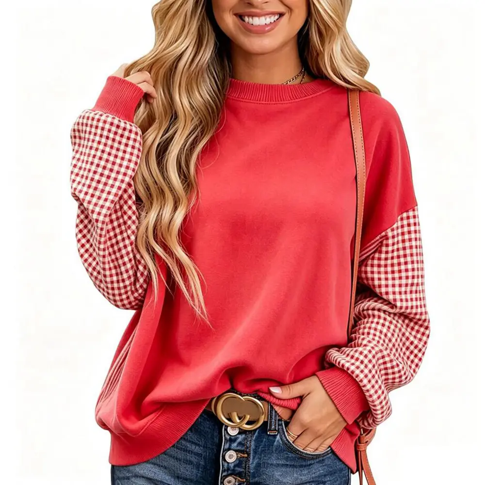 Women Oversized Crew Neck Color Block Plaid Patchwork Long Sleeve Sweatshirt
