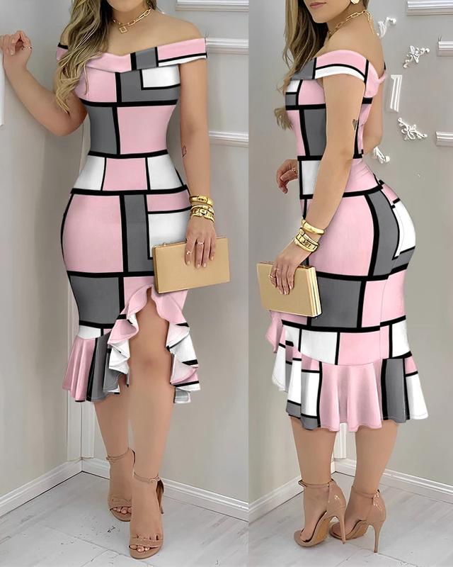 Dresses Geometric Ruffle Hem Midi Dress