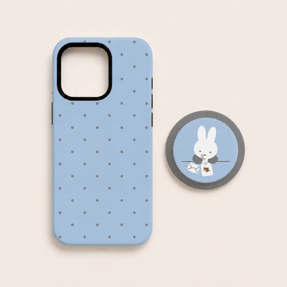 [Matching Set] Cute Back To School Miffy MagSafe Case & Phone Grip Set - Back To School Blue Polka Dot Rabbit Case With Holder Bundle - Cute Accessories