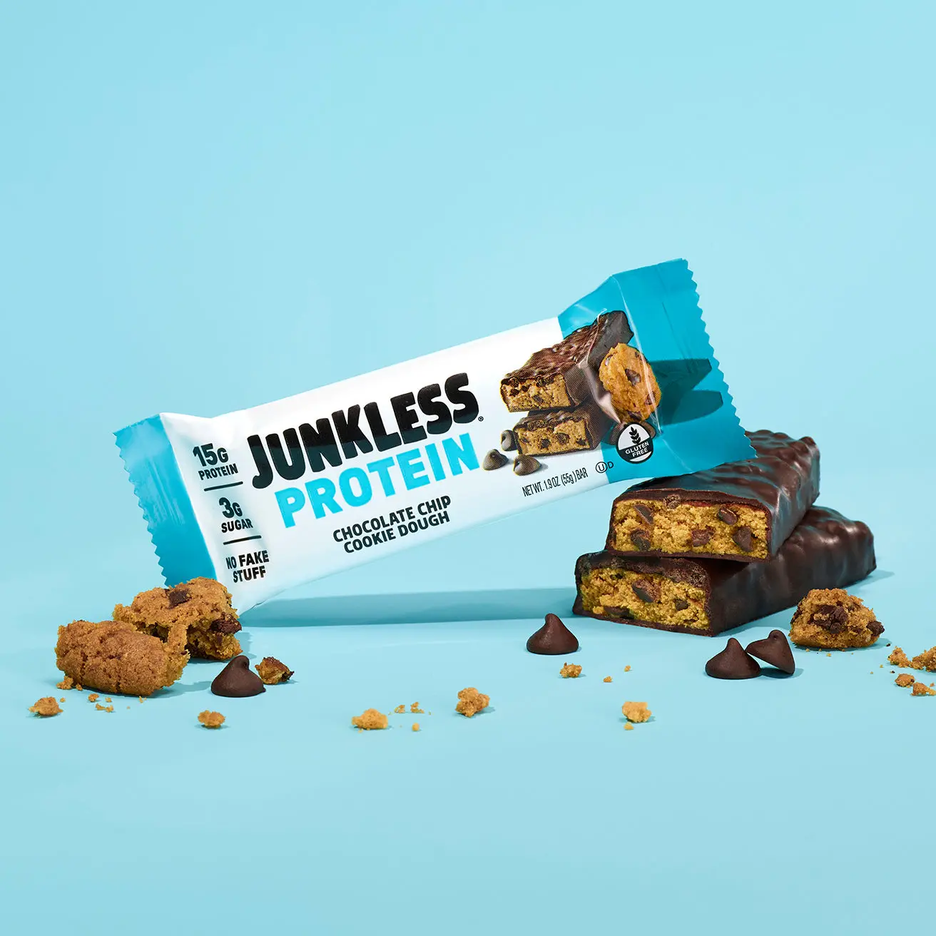 JUNKLESS Protein Bars Chocolate Chip Cookie Dough (12 ct) - 15g Protein, 3g Sugar, High Fiber, Gluten Free, Clean Ingredients