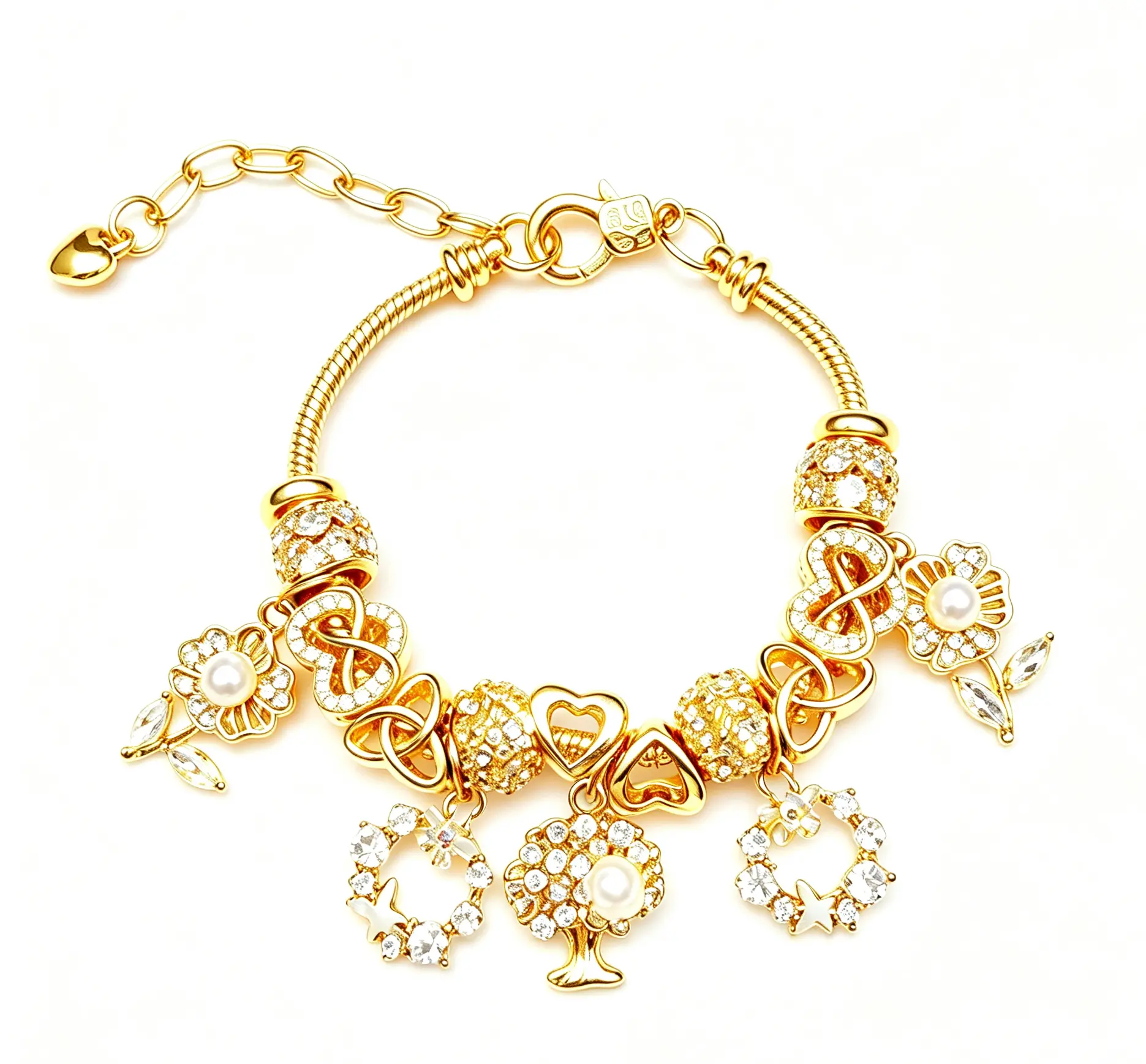 Gold-Tone Charm Bracelet for Women, Exquisitely Crafted Snake Chain Bracelet with Tree of Life, Flower, Heart, Pearl & Cubic Zirconia Charms, Adjustable