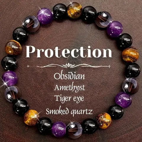 1pc Natural Stone Protection Bracelet for Women, Solstice Gemstone Bracelet - Amethyst, Obsidian & Smoked Quartz Beaded Elastic Wristband, Adjustable Beaded Design, Black & Golden-Tone Design, Perfect for Daily Wear & Gift Giving, Adjustable Bracelets