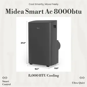 Midea 8,000 BTU (12,000 ASHRAE) 115V Smart Portable Air Conditioner with Remote, App and Voice Control, Covers up to 350 Sq.ft., MAP08S1XWGR-T, Gray