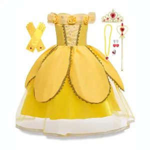 Princess Dress up Costume for Girls Yellow Dresses Halloween Cosplay Birthday Christmas Party Outfit with Accessories Size 3-12Y