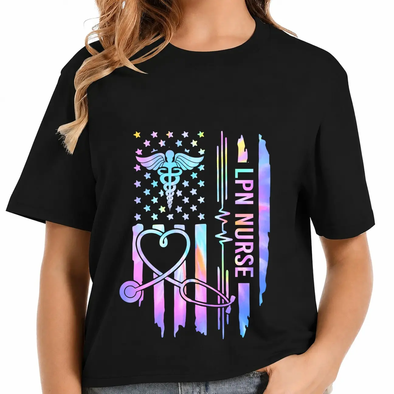 100% Cotton Customizable LPN & RN T-Shirt - Soft, Crew Neck, with USA Flag Design - Perfect for Nurses & Healthcare Professionals