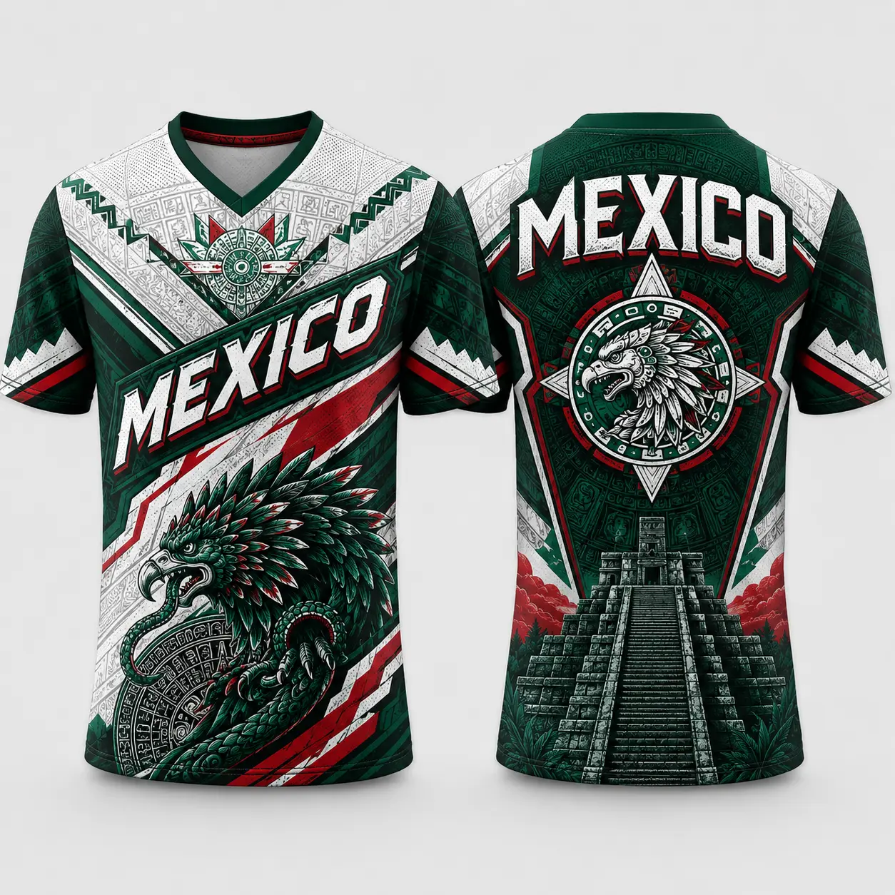 Unisex Aztec Eagle All Over Print Jersey, Lightweight Deep V Neck Athletic Streetwear in Polyester Mesh, Mexico Jersey, Breathable Fabric, Front/Back Print