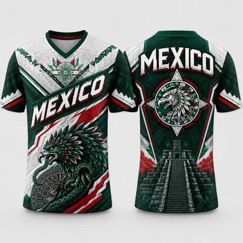 Men's V-Neck Aztec-Inspired All-Over Print Mesh T-Shirt - Eagle Artwork, Green White Red Graphic Details, Mexico-Inspired, Lightweight Breathable Athleisure Clothes, Fitness Workout Top