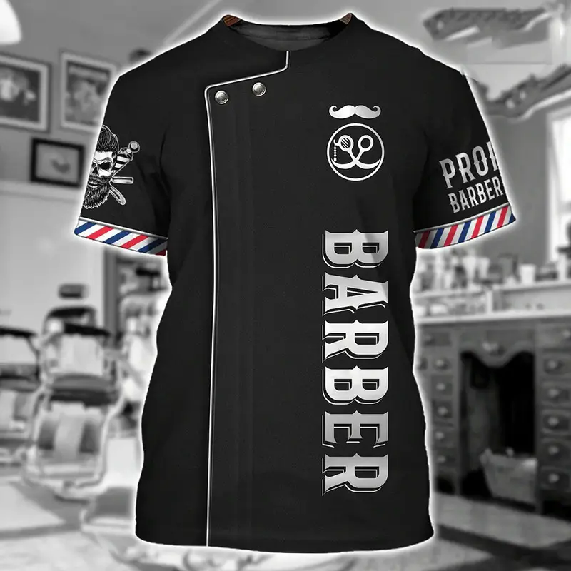 Men's Oversized Short-Sleeve Polyester T-Shirt - 3D Barber Tool Print, Casual All-Season Menswear, Shortsleeve