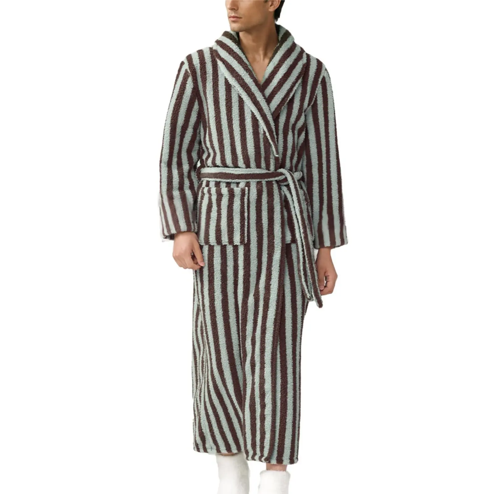 Gihuo Mens Fluffy Striped Robe Plush Bath Robe Winter Coral Fleece Fuzzy Bathrobe Long Belted Robe Sleeve Loungewear Menswear Nightwear