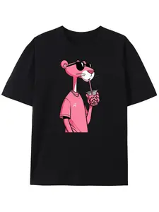 Oversized T-Shirt Pink Panther Drinking Bubble Tea Graphic Tee for Casual Wear Sweatshirt, Hoodie, Comfort Colors
