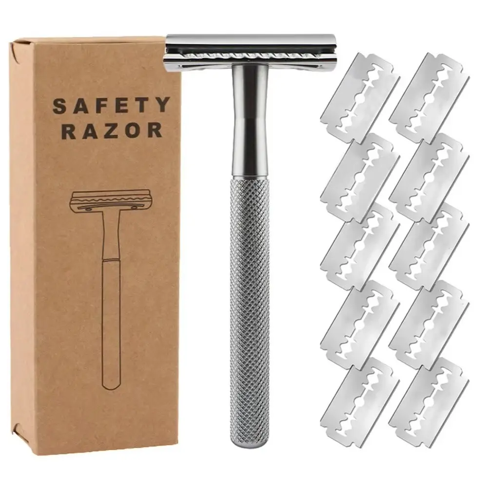 Double Edge Safety Razor for Men and Women, All Metal Shaver with 10 Platinum-Coated Blades, Eco-Friendly Reusable Shaving Razor for a Smooth Shave