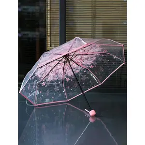 1pc Foldable Sun Manual Umbrella Cute Cl ear Romantic Cherry Blossom Umbrella Clear Umbrella Plastic Baby Pink