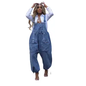Summer Autumn Women's Fashion Sleeveless Cargo Denim Overalls Blue Fitted Minimalist Check Light Gamis Basic Streetwear Baggy Jumpsuit Womenswear