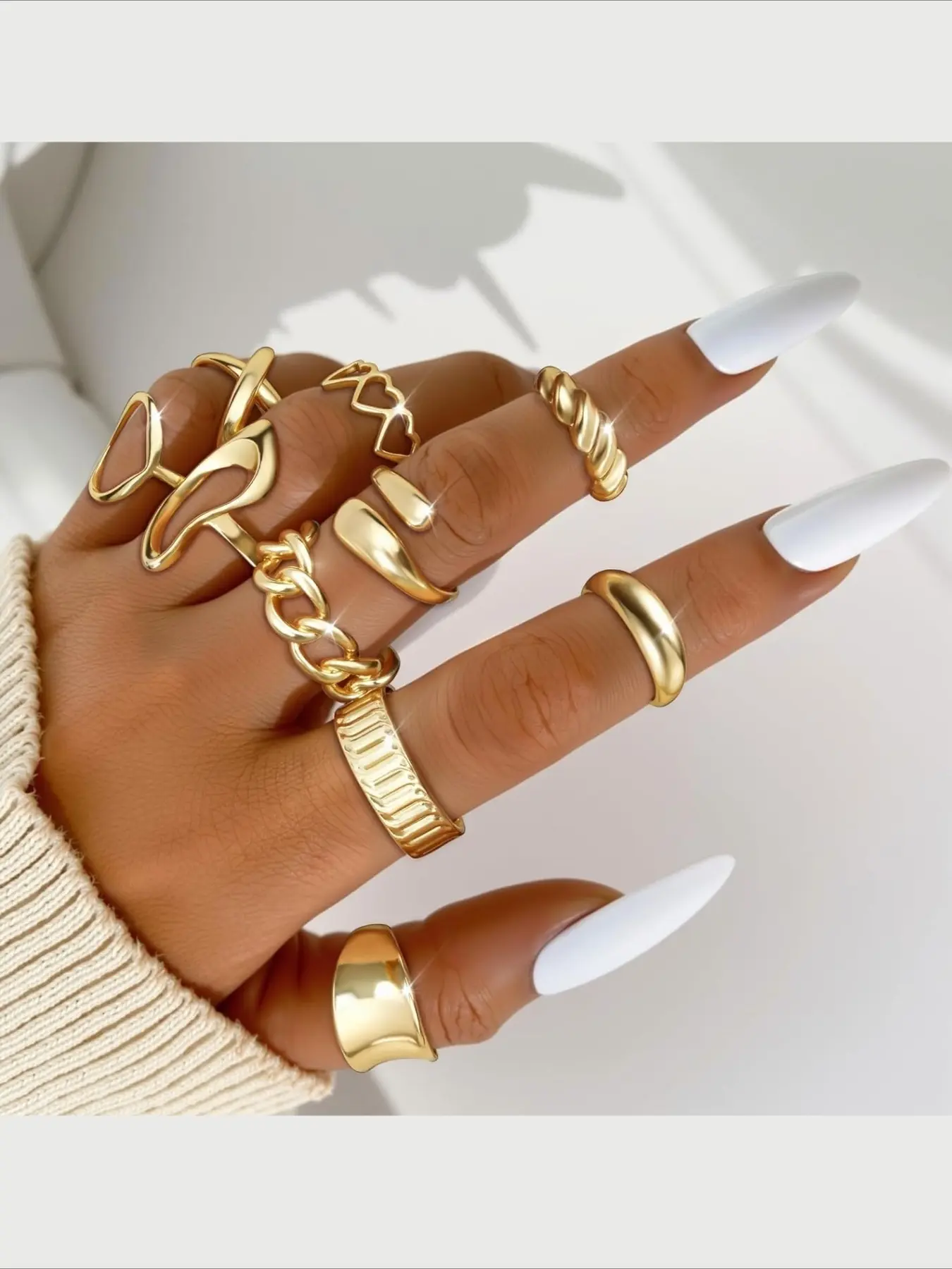 10 PCS Chunky Stackable Rings for Women Fashion Finger Rings Stackable Rings Non Tarnish 18K Gold Plated Stackable Rings Adjustable Open Statement Ring Set