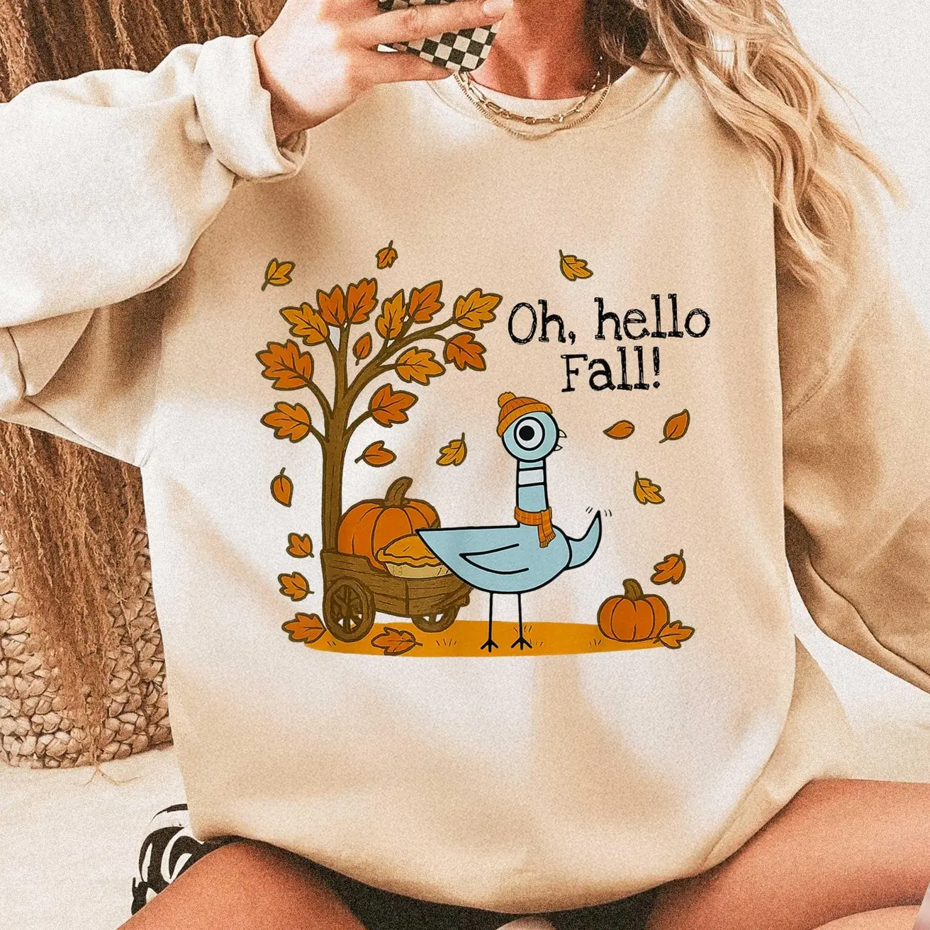 Oh Hello Fall Pigeon Sweatshirt, Cute Autumn Pigeon Book Shirt, Fall Leaves Pumpkin Pie Tee, Teacher Librarian Gift 7