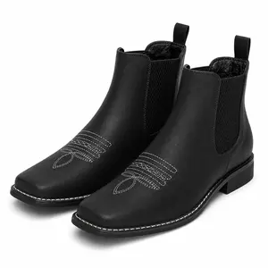 Men's Square Toe Chelsea Boots Black with Western White Stitching - Easy Slip On Ankle Boots for Casual Outfits Smart Casual Wear Versatile Everyday Style