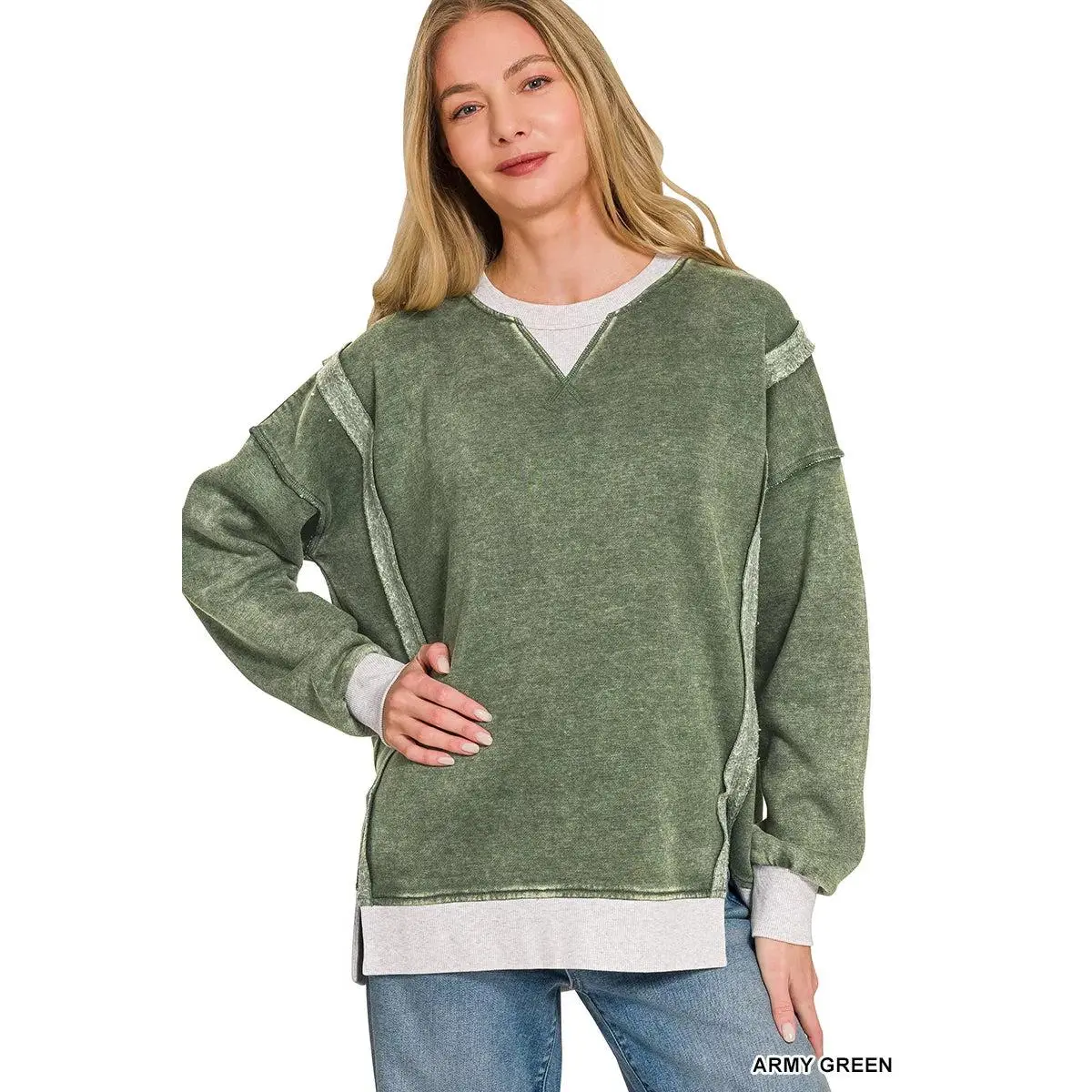 Zenana Fleece Acid Washed Contrast Trim Sweatshirt