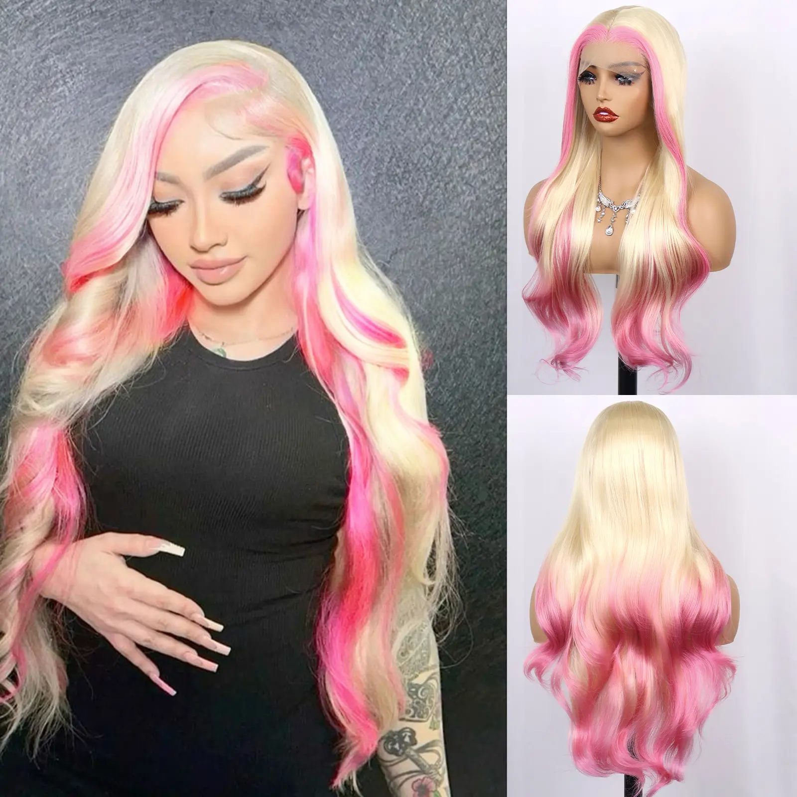Women's 28-Inch Glueless Frontal Wig - Colored Synthetic Lace Front Wig, 13x4 HD Pre-Plucked Free Part, Heat-Resistant Heat-Friendly Fiber, Blonde & Pink Curly Wavy, Low-Temp Tool-Ready, Dramatic Curls, Statement Look, Synthetic Curly Wavy, Female