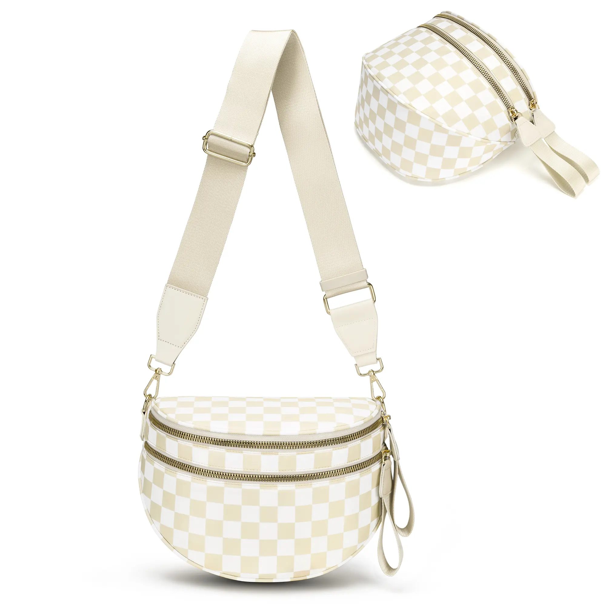 Women's Cream White Polka Dot Cute Look Fanny Pack - Adjustable Wide Sling Strap Crossbody Chest Bag, Double Zipper Small Waist Purse for Daily Travel