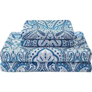 Blue Paisley Printed Bed Sheets  Size, Floral Sheet Set , Brushed Microfiber Fitted Sheet with 15" Deep Pocket, Flower Sheet & Pillowcase Sets