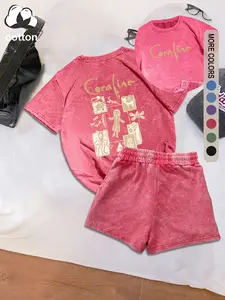 Coraline women's suit button eye print pattern, cotton round neck outdoor sports, street Y2K women's short-sleeved shorts washed distressed style casual two-piece suit, women's clothing