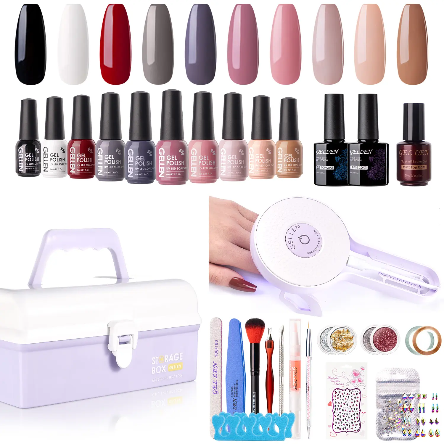 Gellen Gel Nail Polish Kit – 10 Elegant Nude Colors, 36W UV LED Nail Lamp, Storage Box & Manicure Tools – All-in-One Starter Halloween Gift Set